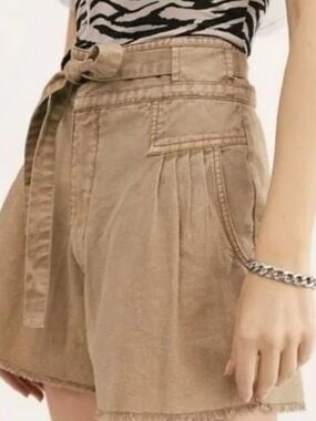 Free People High-Waist Paperbag Shorts in Tan